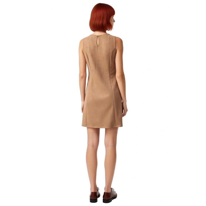 Kadın Haki Düz Süet Dokulu Nervürlü Skater Mini Elbise Bisiklet Yaka Kolsuz Tasarım Kaliteli