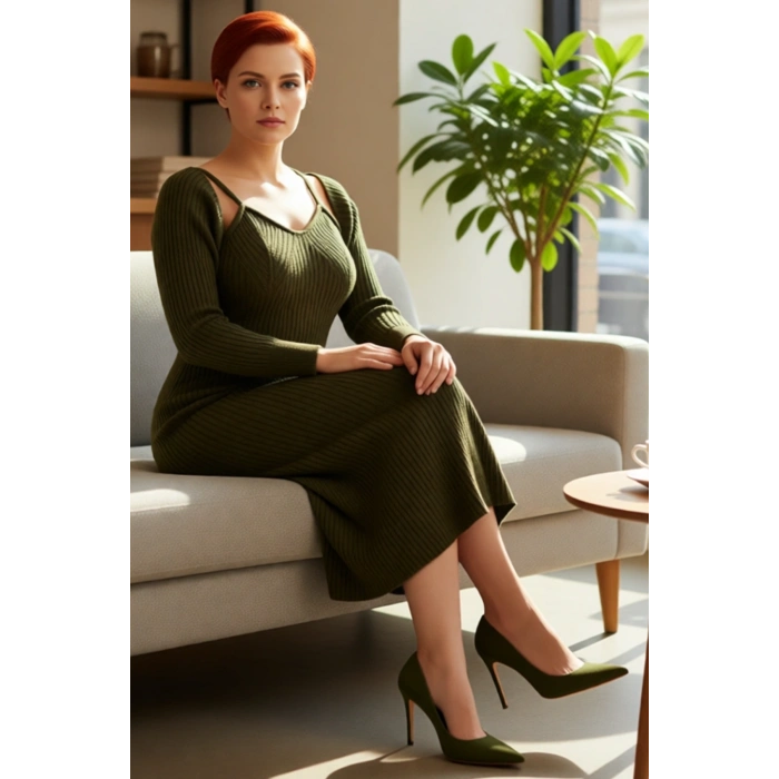 Kadın Haki Fitilli Bodycon Midi Boy Yırtmaçlı Triko Elbise Ve Düşük Kollu Bolero Takımı Kaliteli