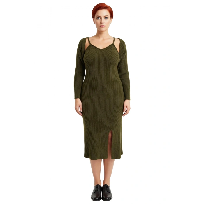 Kadın Haki Fitilli Bodycon Midi Boy Yırtmaçlı Triko Elbise Ve Düşük Kollu Bolero Takımı Kaliteli