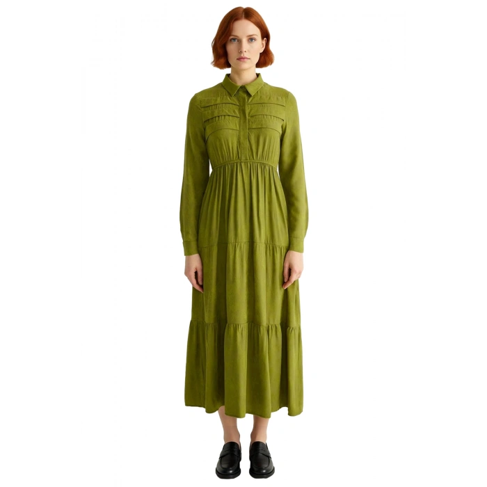 Kadın Haki Gömlek Yaka Uzun Kol Maxi Boy Skater Elbise Jakar Dokuma Çiçekli Desenli Viskoz