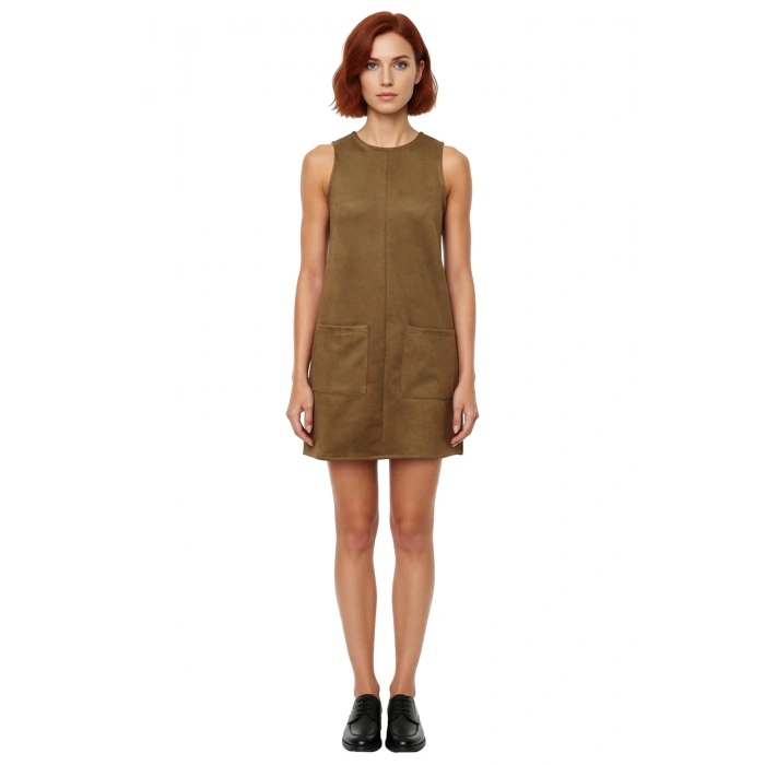 Kadın Haki Kolsuz Mini Elbise Düz Desen Cep Detaylı Shift Kalıbı İle Casual Şıklık Sunar Kaliteli