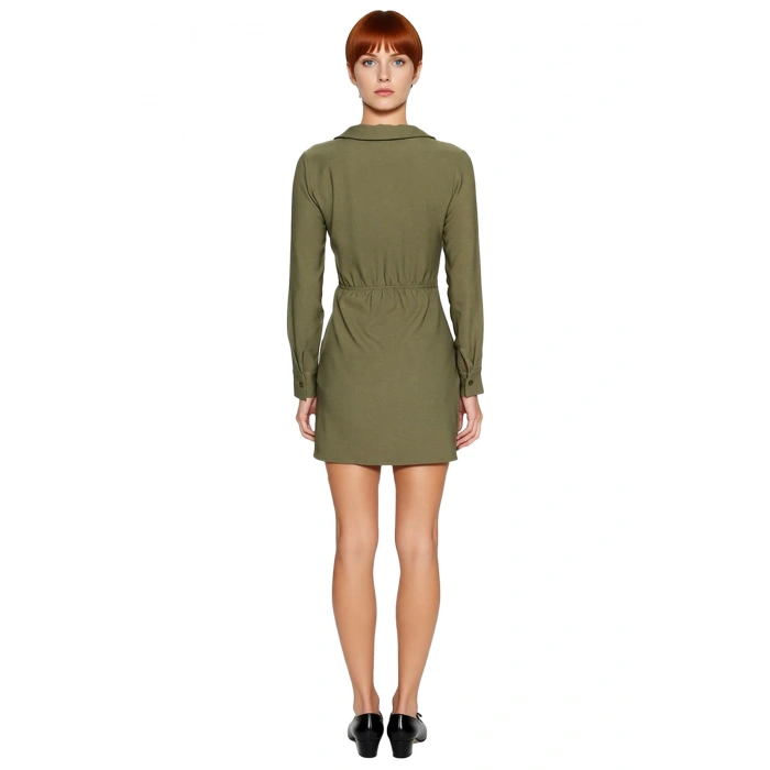 Kadın Haki Kruvaze Dokuma A Line Mini Elbise V Yaka Uzun Kollu Şık ve Modern Tasarım Kaliteli