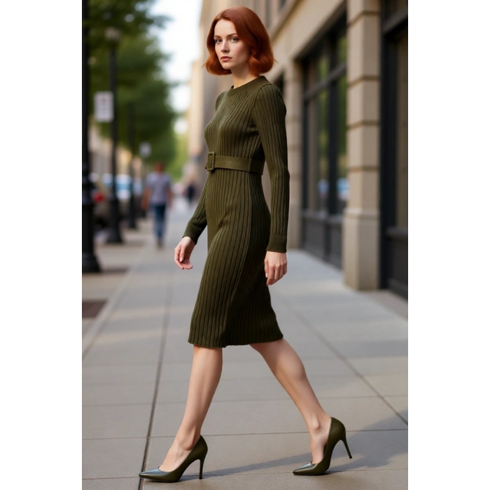 Kadın Haki Triko Midi Boy Kemerli Elbise Şık Bisiklet Yaka Uzun Standart Kollu Rahat Günlük Kombin