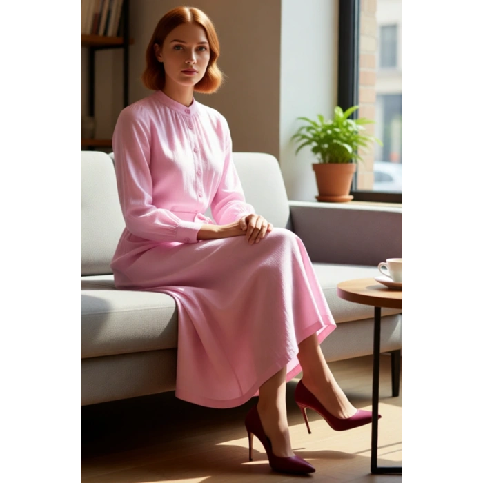 Kadın Hakim Yaka %100 Pamuk Dokuma Shift Elbise Kuşak Detaylı Uzun Kollu Şık ve Rahat Günlük Giyim.