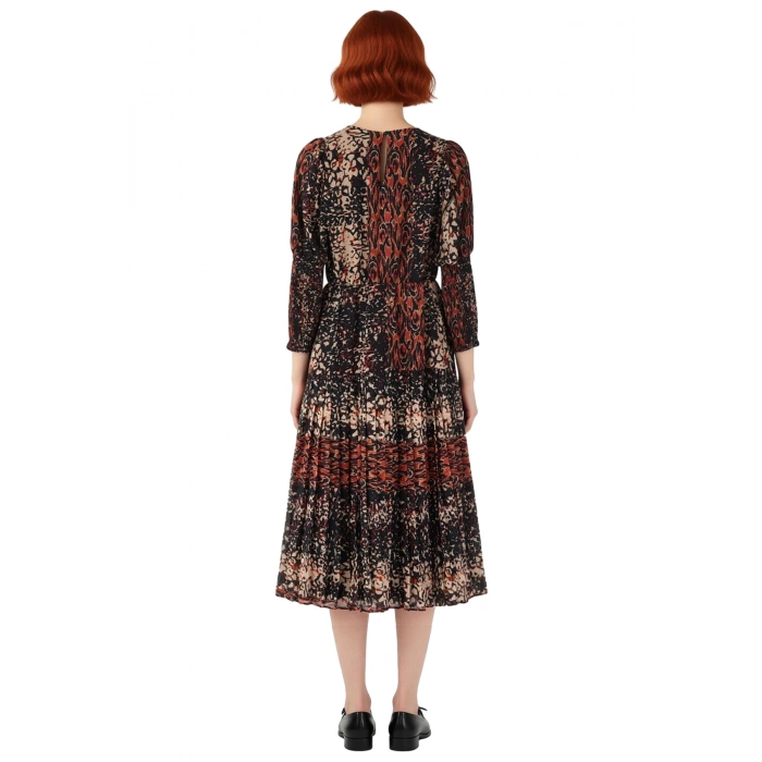 Kadın Hakim Yaka Uzun Kollu Şifon Dokuma Animal Desenli Astarlı Skater Maxi Elbise Kaliteli