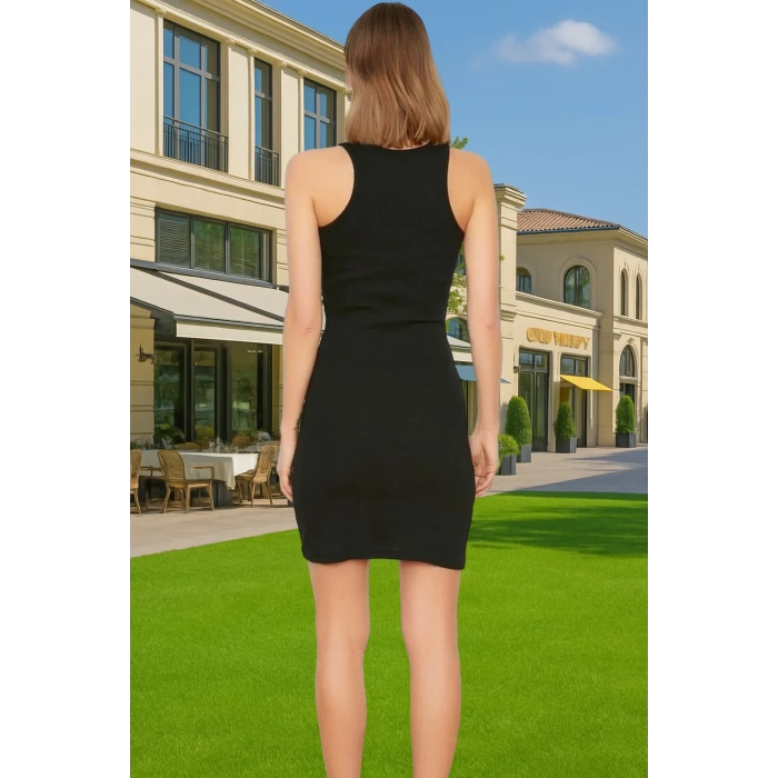 Kadın Halter Yaka Mini Fitilli Örme Elbise Vücuda Oturan Yazlık Seçkin Malzeme Seçkin Malzeme