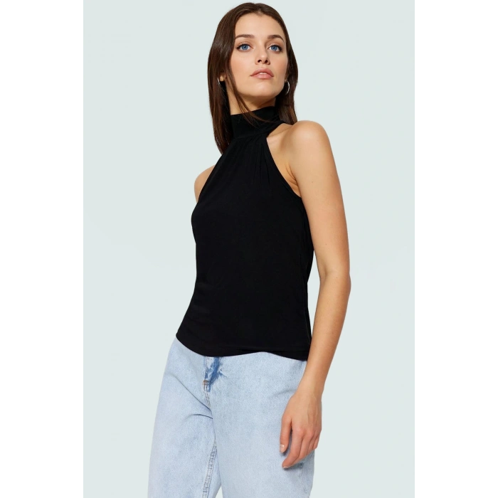 Kadın Halter Yaka Örme Bluz Rahat Günlük Stil Kaliteli İşçilik Özenle Seçilmiş