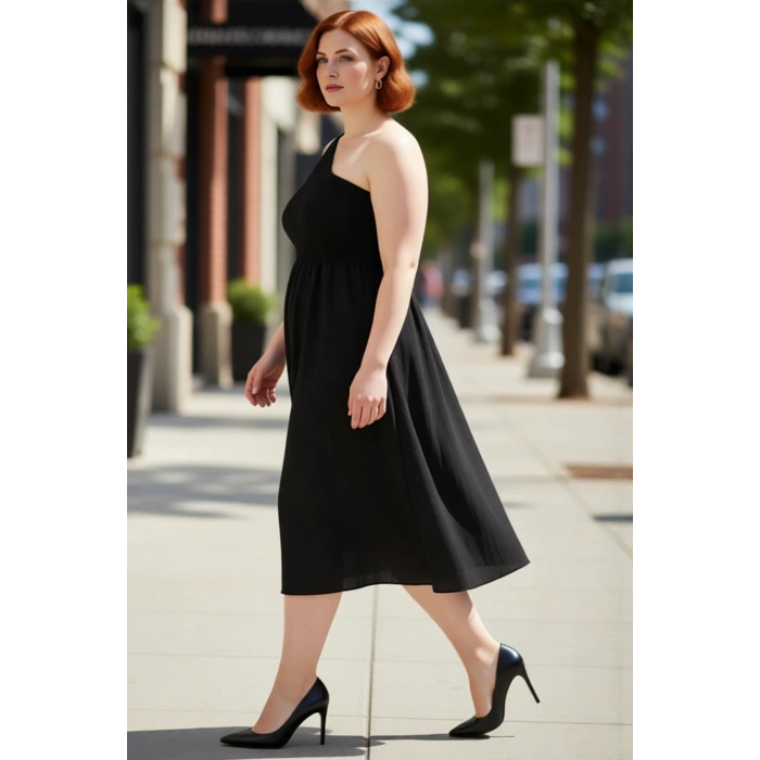 Kadın Hamile Büyük Beden Asimetrik Yaka Tek Kol Crinkle Dokuma Midi Boy Yazlık Elbise Kaliteli