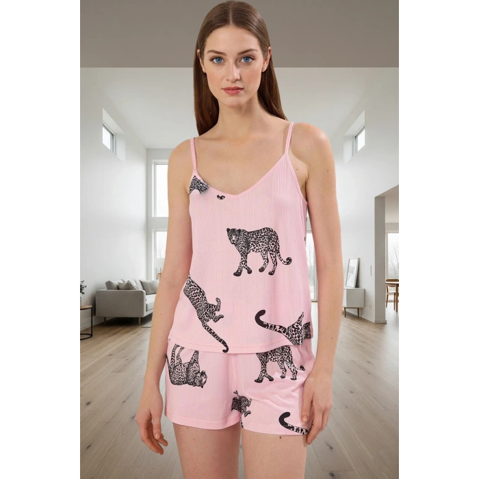 Kadın Hayvan Desenli İnce Askılı Pijama Takımı Rahat Örme Kumaştan Özel Tasarım