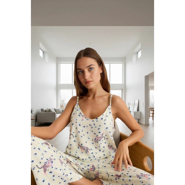 Kadın Hayvan Desenli İnce Askılı Viskoz Pijama Takımı Rahat ve Şık Tasarım Özel