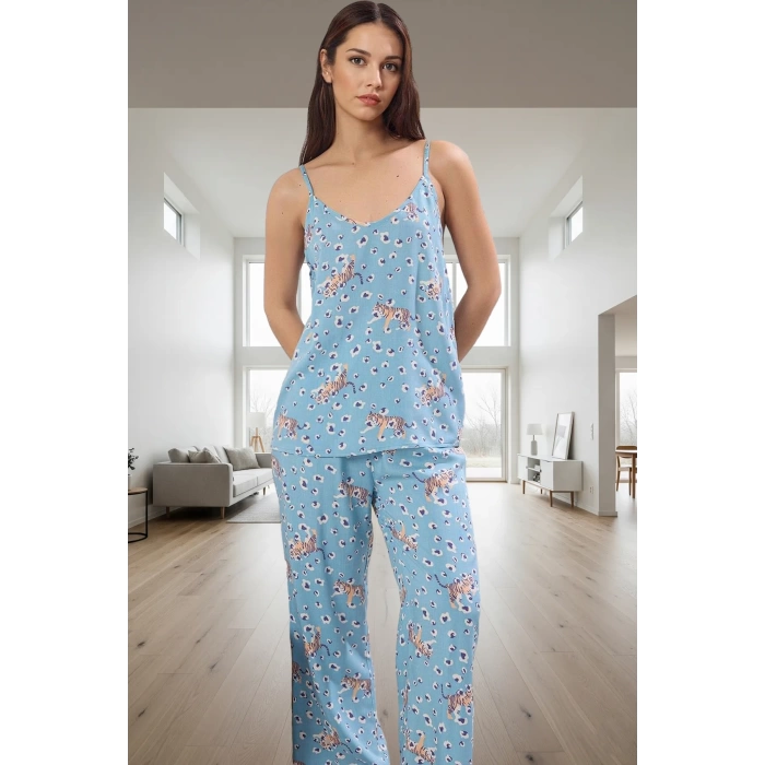 Kadın Hayvan Desenli İnce Askılı Viskoz Pijama Takımı Rahat ve Şık Tasarım Özel