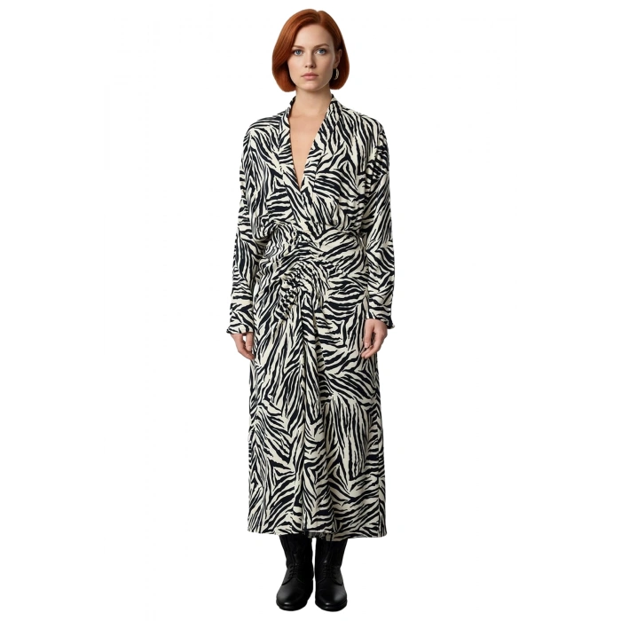 Kadın Hayvan Desenli V Yaka Midi Boy Dokuma Elbise Uzun Kollu Şık Bahar Sonbahar Koleksiyonu