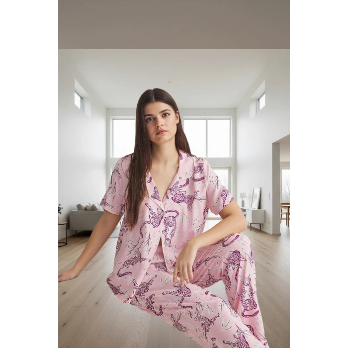 Kadın Hayvan Desenli Viskon Pijama Takımı Rahat Ev Giyim Seti Modern Stil Trend Tasarım