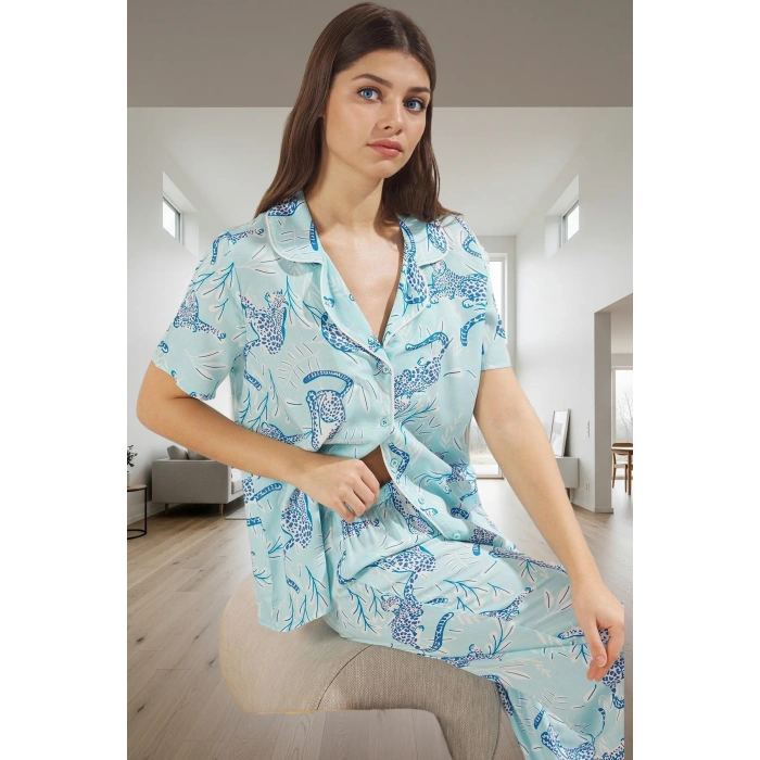 Kadın Hayvan Desenli Viskon Pijama Takımı Rahat Ev Giyim Seti Modern Stil Trend Tasarım