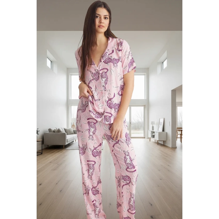 Kadın Hayvan Desenli Viskon Pijama Takımı Rahat Ev Giyim Seti Modern Stil Trend Tasarım
