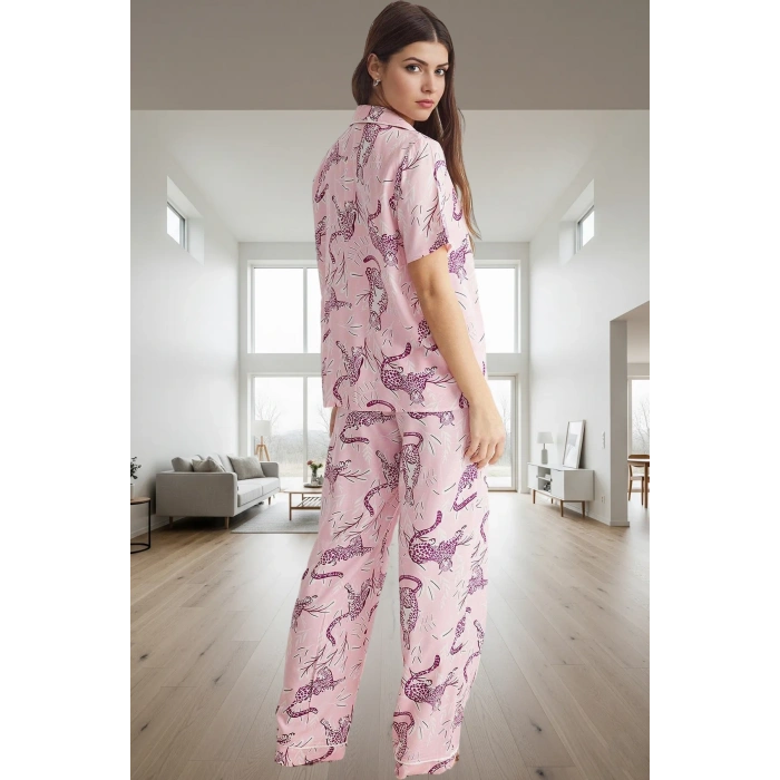 Kadın Hayvan Desenli Viskon Pijama Takımı Rahat Ev Giyim Seti Modern Stil Trend Tasarım