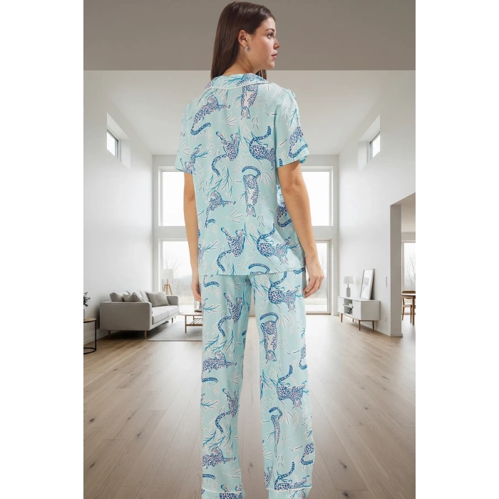 Kadın Hayvan Desenli Viskon Pijama Takımı Rahat Ev Giyim Seti Modern Stil Trend Tasarım
