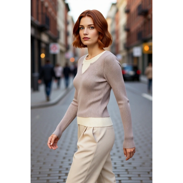 Kadın İç İçe Görünümlü Fitted Triko Bluz Uzun Kollu Basic Tasarım Rahat Günlük Şıklık Sunar