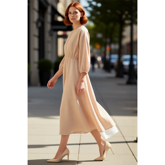 Kadın İlkbahar Sonbahar Dantel Detaylı Bisiklet Yaka Skater Midi %100 Pamuk Elbise Rahatlık ve