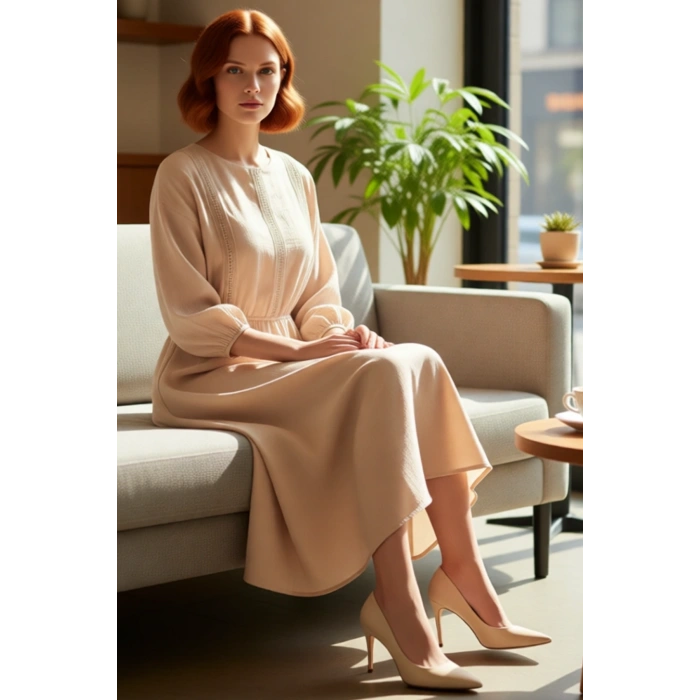 Kadın İlkbahar Sonbahar Dantel Detaylı Bisiklet Yaka Skater Midi %100 Pamuk Elbise Rahatlık ve