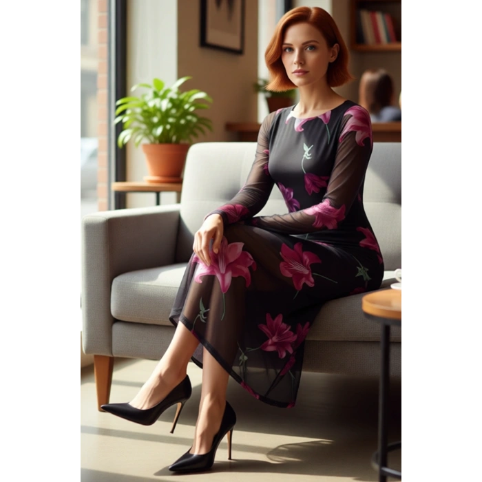 Kadın İlkbahar Sonbahar Sezonu Bisiklet Yaka Tül Midi Elbise Astarlı Ve Uzun Kollu Vücuda Oturan