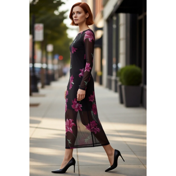 Kadın İlkbahar Sonbahar Sezonu Bisiklet Yaka Tül Midi Elbise Astarlı Ve Uzun Kollu Vücuda Oturan