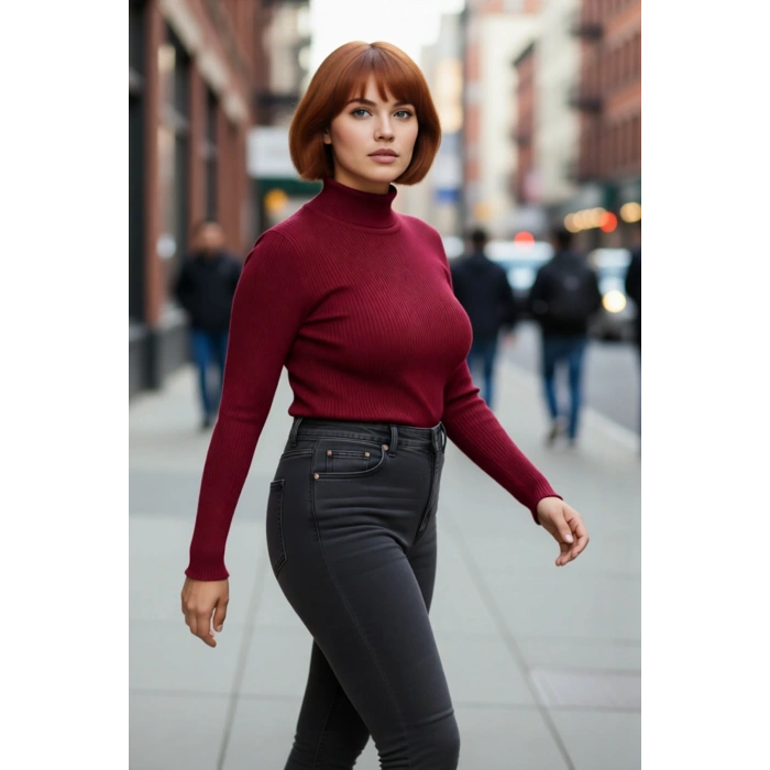 Kadın İnce Akrilik Triko Kazak Fitted Kalıp Dik Yaka Tasarımı İle Şık Günlük Kombinler İçin