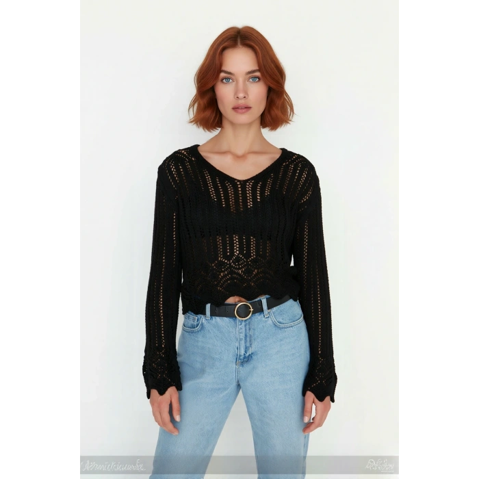 Kadın İnce Akrilik Triko Kazak V Yaka Ajurlu Detaylı Regular Kesim Rahat Günlük Giyim Kaliteli