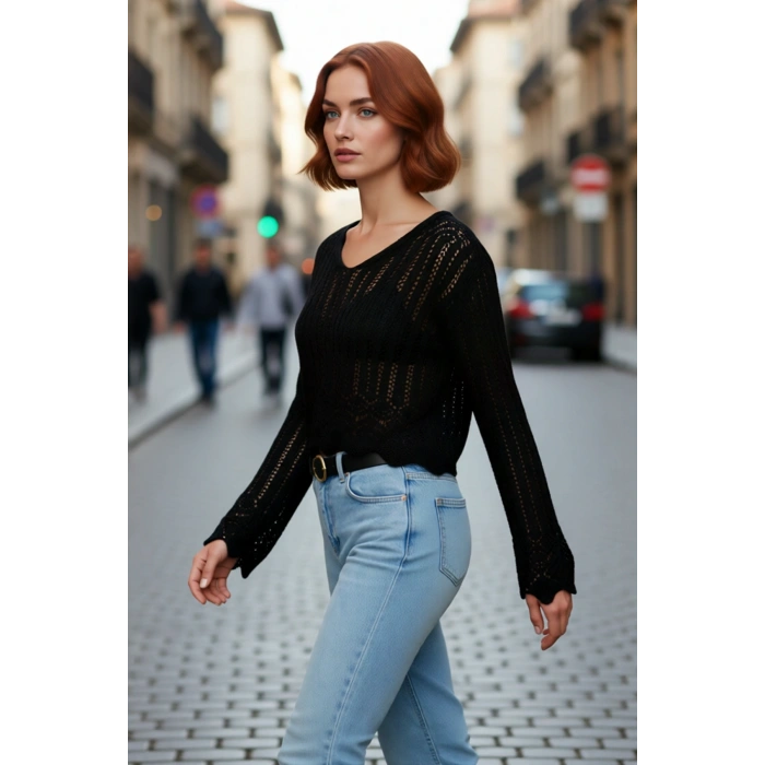 Kadın İnce Akrilik Triko Kazak V Yaka Ajurlu Detaylı Regular Kesim Rahat Günlük Giyim Kaliteli