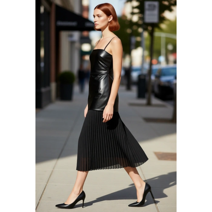 Kadın İnce Askılı Straplez Yaka Siyah Suni Deri Üst Plise Etek Maxi Elbise Şık Ortamlar İçin