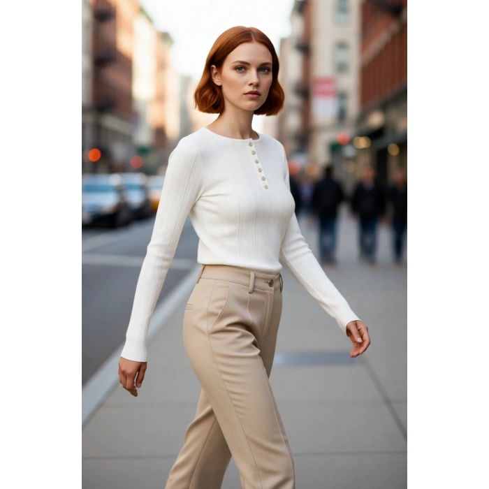 Kadın İnce Fitted Triko Bisiklet Yaka Uzun İspanyol Kollu Fitilli Kışlık Kazak Gündüz Şıklığı