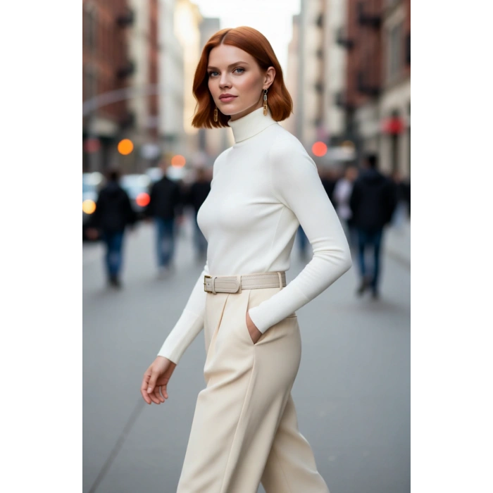 Kadın İnce Triko Balıkçı Yaka Fitted Kalıp Uzun Kollu Kazak Günlük Konfor İlkbahar Sonbahar