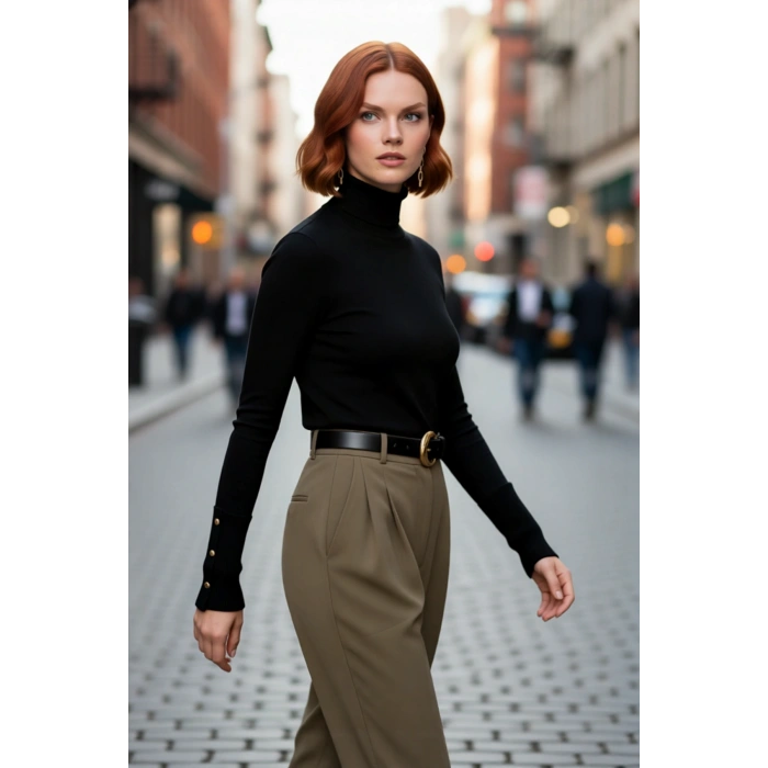 Kadın İnce Triko Balıkçı Yaka Fitted Kalıp Uzun Kollu Kazak Günlük Konfor İlkbahar Sonbahar