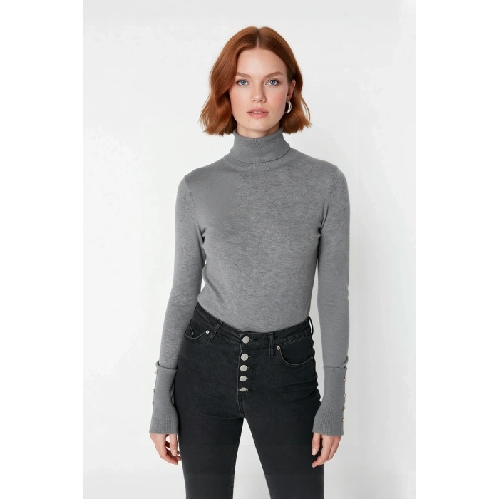 Kadın İnce Triko Balıkçı Yaka Fitted Kalıp Uzun Kollu Kazak Günlük Konfor İlkbahar Sonbahar