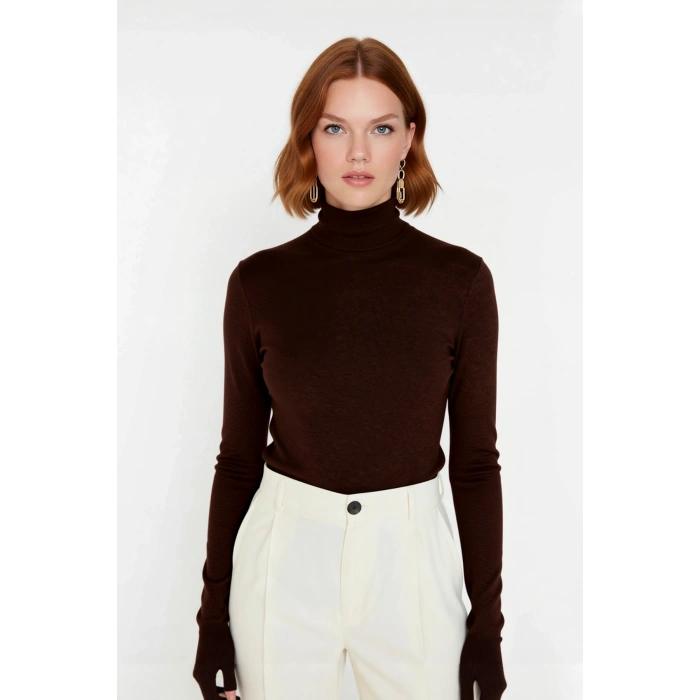 Kadın İnce Triko Balıkçı Yaka Fitted Kalıp Uzun Kollu Kazak Günlük Konfor İlkbahar Sonbahar