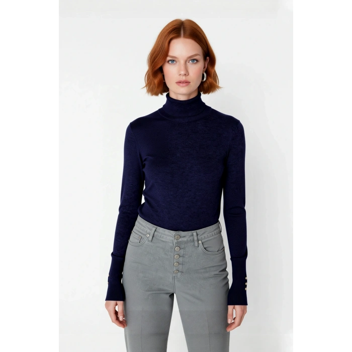 Kadın İnce Triko Balıkçı Yaka Fitted Kalıp Uzun Kollu Kazak Günlük Konfor İlkbahar Sonbahar