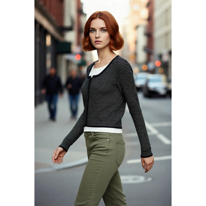 Kadın İnce Triko Çizgili Bisiklet Yaka Standart Kol Rahat Crop Hırka Casual Kullanım Kaliteli