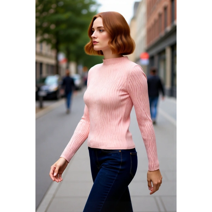 Kadın İnce Triko Dokulu Desen Fitted Kalıp Dik Yaka Standart Kollu Uzun Regular Boy