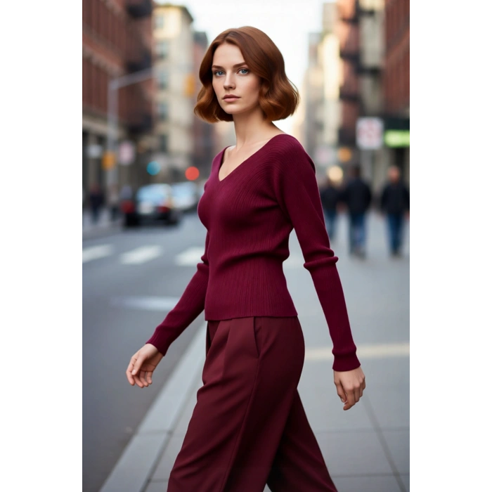 Kadın İnce Triko Fitted Kazak Ajurlu V Yaka Uzun Standart Kol İlkbahar Sonbahar Stili Kaliteli