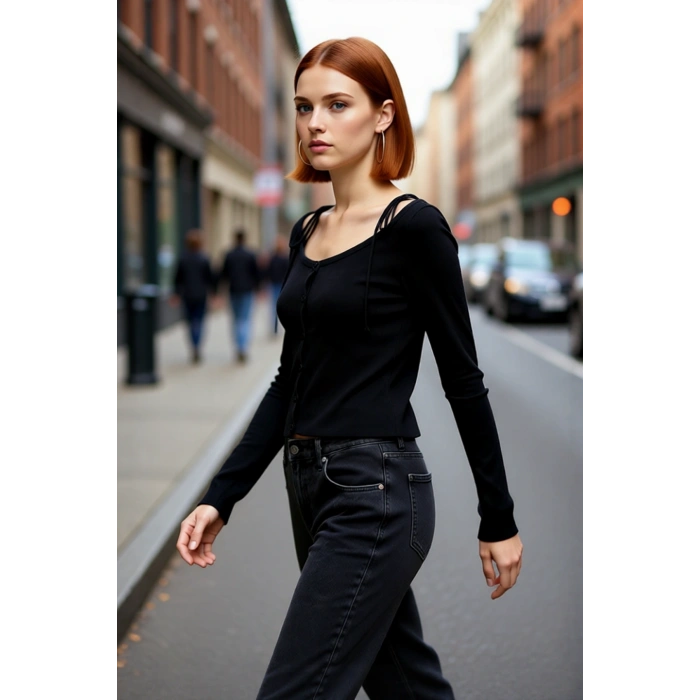 Kadın İnce Triko Hırka Siyah Fitted Kayık Yaka Crop Uzun Kollu Düşük Kol Rahat Şık Modern Basic