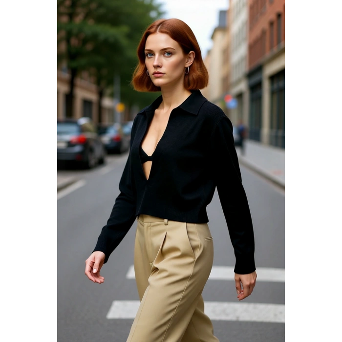 Kadın İnce Triko Kazak Regular Kalıp Uzun Kol Polo Yaka Crop Model Günlük Şıklık Sunar Kaliteli