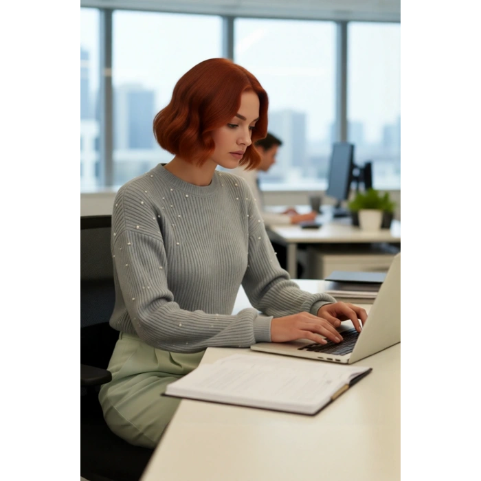 Kadın İnci Detaylı Bisiklet Yaka Regular Kalıp Düşük Kol Fitilli Triko Kazak Günlük Şıklık