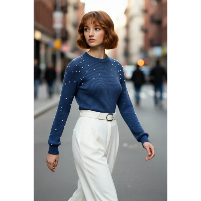 Kadın İnci Detaylı Bisiklet Yaka Regular Kalıp Düşük Kol Fitilli Triko Kazak Günlük Şıklık