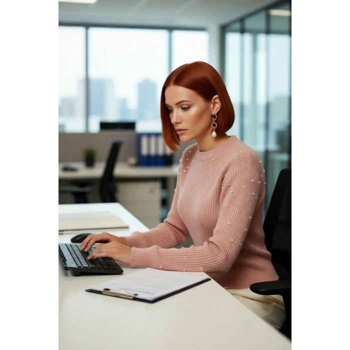 Kadın İnci Detaylı Regular Kalıp Bisiklet Yaka Düşük Kol Fitilli Triko Kazak Modeli Kaliteli