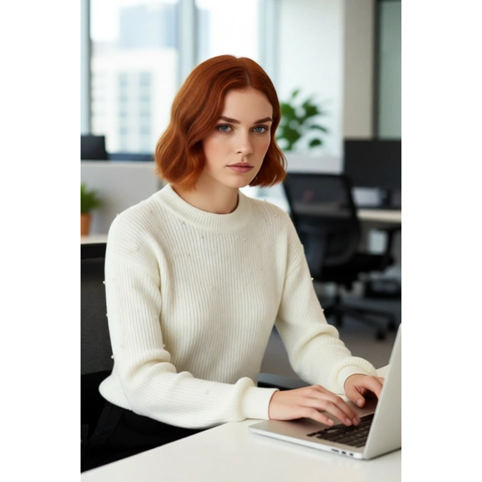 Kadın İnci Detaylı Regular Kalıp Bisiklet Yaka Düşük Kol Fitilli Triko Kazak Modeli Kaliteli