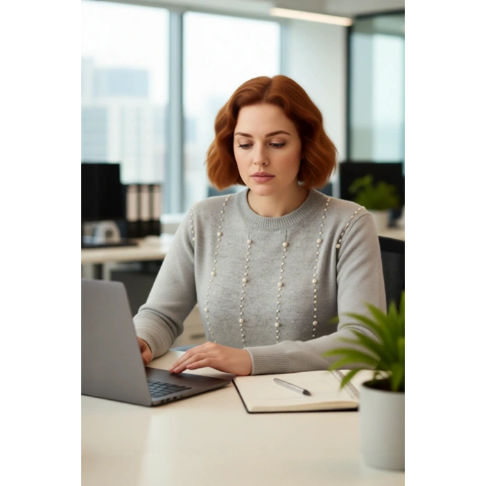 Kadın İnci Detaylı Regular Kalıp Bisiklet Yaka Triko Kazak Günlük Kombinleriniz İçin İdeal Tercih