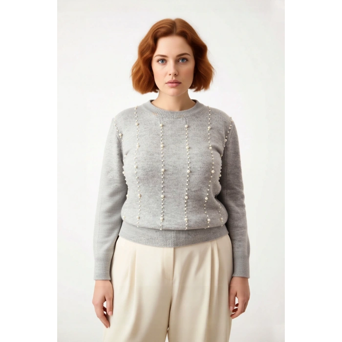 Kadın İnci Detaylı Regular Kalıp Bisiklet Yaka Triko Kazak Günlük Kombinleriniz İçin İdeal Tercih