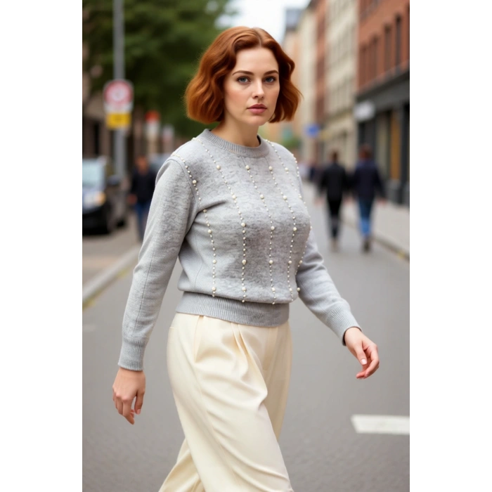 Kadın İnci Detaylı Regular Kalıp Bisiklet Yaka Triko Kazak Soğuk Günlerde Konforlu ve Şık Bir