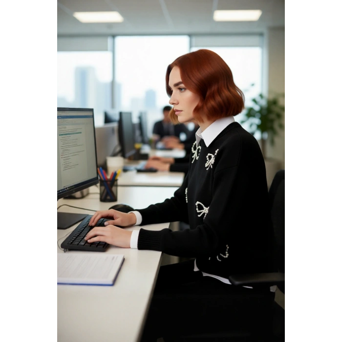 Kadın İncili Fiyonk Desenli Triko Kazak Regular Kalıp Bisiklet Yaka Orta Kalınlık İlkbahar Sonbahar