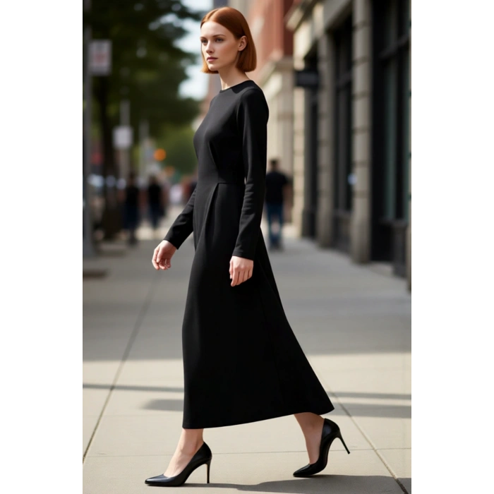 Kadın İnterlok Örme Uzun Kollu Maxi Boy Elbise Rahatlığı ve Modern Şıklığı Birleştirir Kaliteli